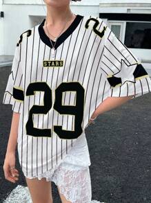 INAWLY Women's New V-Neck Casual Sports Letters And Pattern Stitching Oversized Loose Short-Sleeved Pink T-Shirt Graphic Tees Women Tops - Black - View 6