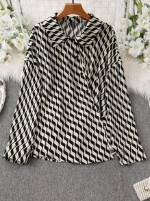 Flirla Plus Size Women Geometric Print Long Sleeve Lapel Shirt - Multicolor - View 1