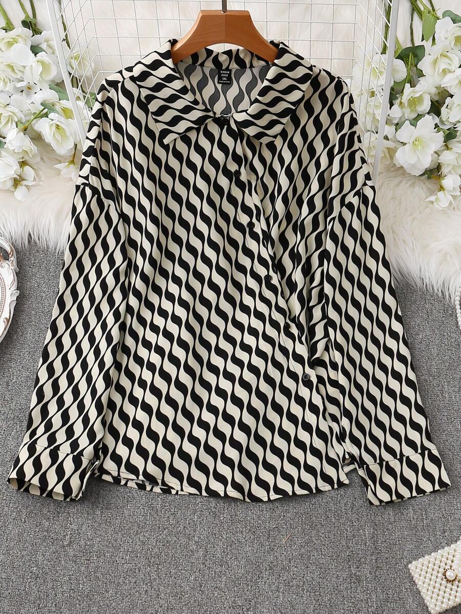 Flirla Plus Size Women Geometric Print Long Sleeve Lapel Shirt - Multicolor - View 1