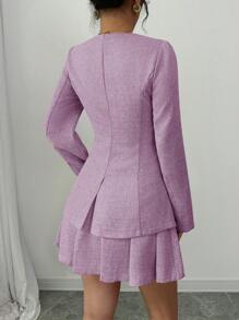 Gloray Women V-Neck Pink Fitted Blazer + Short Pleated Skirt Suit, Autumn Set
