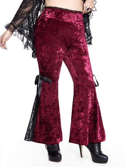 Pantalon évasé en velours avec patchwork en dentelle gothique et nœud papillon pour femmes grandes tailles, convient pour les soirées