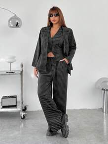 SHEIN EZwear Plus Size Striped Blazer & Pants Set, Early Fall - Black - View 1
