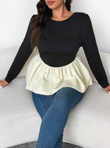 Flirla Damen Große Größen Farbblock Saum Langarm T-Shirt, Lässige Grafik Shirts Damen Tops für den Frühling - Schwarz - Übersicht 6