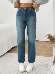 SHEIN Cottnline WOMEN STRAIGHT MID WAIST JEANS - Medium Wash - View 3