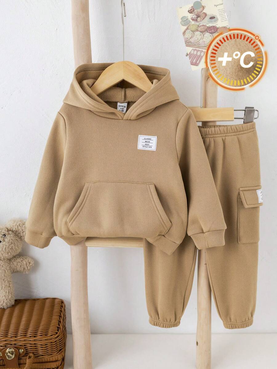 SHEIN Leap Crew Bộ 2 món/bộ áo hoodie thể thao giản dị dễ thương có túi và quần cạp chun cho bé trai/bé gái, phù hợp cho mùa thu/đông - Màu be - Xem 1