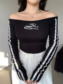 DAZY 1pc Women's Off-Shoulder Fitted Short Sporty Rib Contrast Color Block Long Sleeve T-Shirt,Fall Clothes - Black - View 10