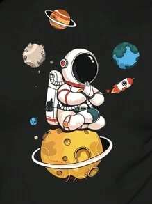 SHEIN Slayr 太空星球印花休闲舒适修身家居/户外长袖T恤，适合秋冬/春季图案T恤女式春季上衣 - 黑色 - 查看 3