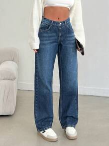 EURMUSE Pantalón vaquero recto con cintura baja y banda elástica - Azul lavado medio - Ver 5