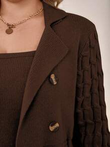 Calvaya Plus Size Casual Solid Color Long Cardigan & Sweater Dress Set, Autumn/Winter - Coffee Brown - View 7
