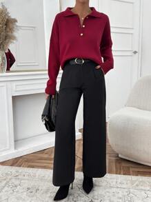 RueChic Women Polo Neck Cool Loose Fit Half Buttoned Sweater - Burgundy - View 3