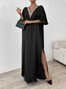 EURMUSE Lace-Trimmed Satin Dress - Black - View 5