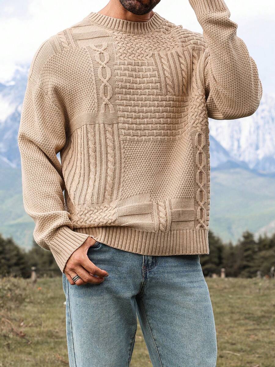 Manfinity Homme 男士休闲落肩圆领拼色长袖毛衣，适合秋冬季、徒步旅行、朋友聚会