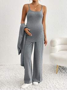 SHEIN 3pcs Maternity Casual Elegant Set: Camisole, Long Pants, Long Open Cardigan