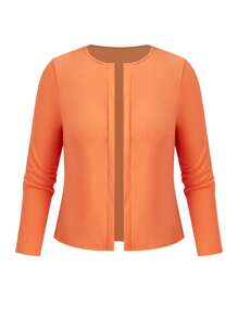 SHEIN Clasi Bộ 2 món/bộ cỡ lớn: Áo thun trơn màu thường ngày & váy kẻ caro không tay, mùa thu - trái cam - Xem 3