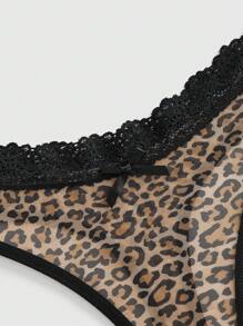 ROMWE J-Fashion 3pcs Y2K Harajuku Leopard Print Mesh & Lace Trim Women Narrow Band Brief Panty Set - Multicolor - View 4