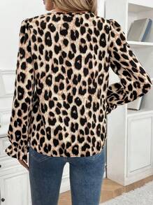 SHEIN Frenchy Women's Leopard Print Simple Daily Wear Long Sleeve Shirt V-Neck Lace Patchwork Leopard Print Elegant Long Sleeve Shirt Thanksgiving New Years Winter Cheetah Casual - Multicolor - View 2