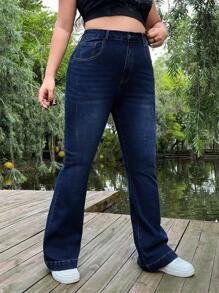 SHEIN EZwear Plus Size Women's Casual Pockets Flared Hem Denim Jeans