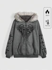 ROMWE Fairycore 大码女式韩流秋冬落肩长袖休闲百合花水钻水洗连帽衫毕业季、返校季穿搭、毕业典礼、女教师装、返校季 - 灰色 - 查看 1