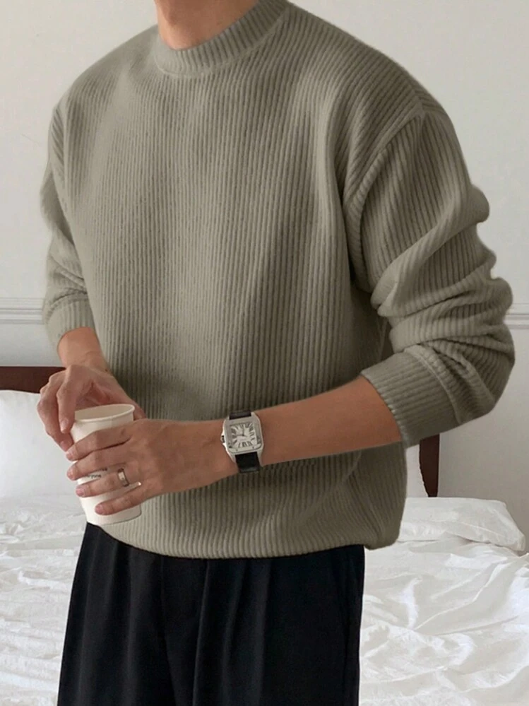 DAZY Suéter Casual de Gola Redonda de Manga Longa em Cor Sólida para Homens, Outono - Verde - Visão 5