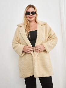 SHEIN Cottnline Manteau en tissu teddy mi-long à col châle pour femmes grande taille, pour l'hiver - Beige - Voir 3
