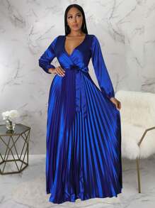 Women's Solid Color Deep V-Neck Belted Pleated Long Sleeve Elegant Dress, Summer Spring - Màu xanh lam - Xem 3