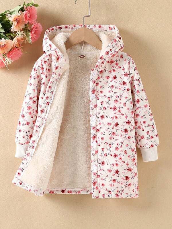 SHEIN Casaco com Capuz Forrado de Pelúcia com Estampa Floral para Menina Jovem