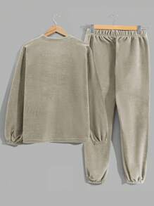 RueChic Men Comfortable Casual Basic Style Embroidered Fleece Loungewear Set - Beige - View 2