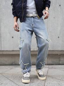 Manfinity EMRG Straight Leg Jeans, Casual And Fashionable For Daily Wear, Frayed Plain Straight Leg Light Blue Washed Cargo Jeans, For Husband, Boyfriend Gifts
