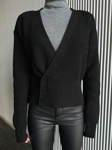 DAZY Design Sense Asymmetric Button V-Neck Knitted Pullover Sweater For Women