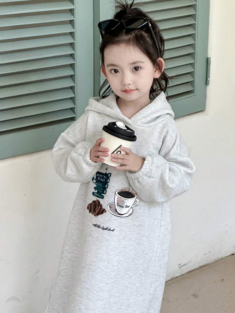 Young Girls Knitted Hooded Graphic Print A-Line Dress For Fall