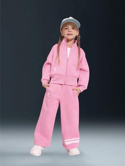 SHEIN 年轻女孩粉色两件套条纹生活时尚运动吸汗保暖内衬宽松舒适休闲自由时尚开衫夹克阔腿套装