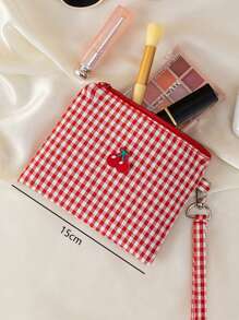 ROMWE Kawaii 1 件樱桃刺绣化妆包，便携式化妆包，格子红色化妆盒化妆包 - 彩色 - 查看 3