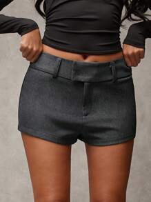 SHEIN BAE 女士灰色纯色休闲百搭时尚与朋友聚会办公室 Siren 灰阶休闲外出短裤复古风格休闲斜纹短裤 - 深灰色 - 查看 4