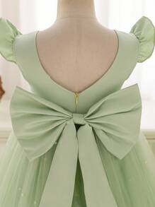 Glamorique Kids 圣诞小女孩派对礼服、圣诞老人礼服、新年礼服 - 薄荷绿网纱蓬蓬裙，白色荷叶袖，蝴蝶结露背，缎面面料，适合圣诞节、万圣节、婚礼、钢琴演奏会、舞台表演等场合。 - 綠色 - 查看 3