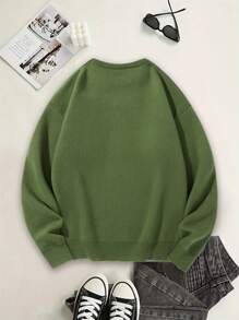Claim Dot Men's Shark Tooth Graphic Crew Neck Long Sleeve Casual Sweater, Autumn/Winter - Army Green - View 2