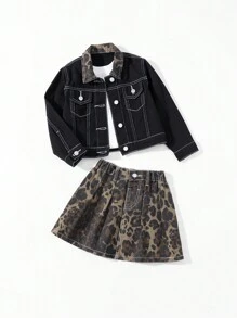 SHEIN 2pcs/Set Young Girl Denim Jacket With Leopard Print Collar & Leopard Print Skirt, Matching Outfit - Black - View 3