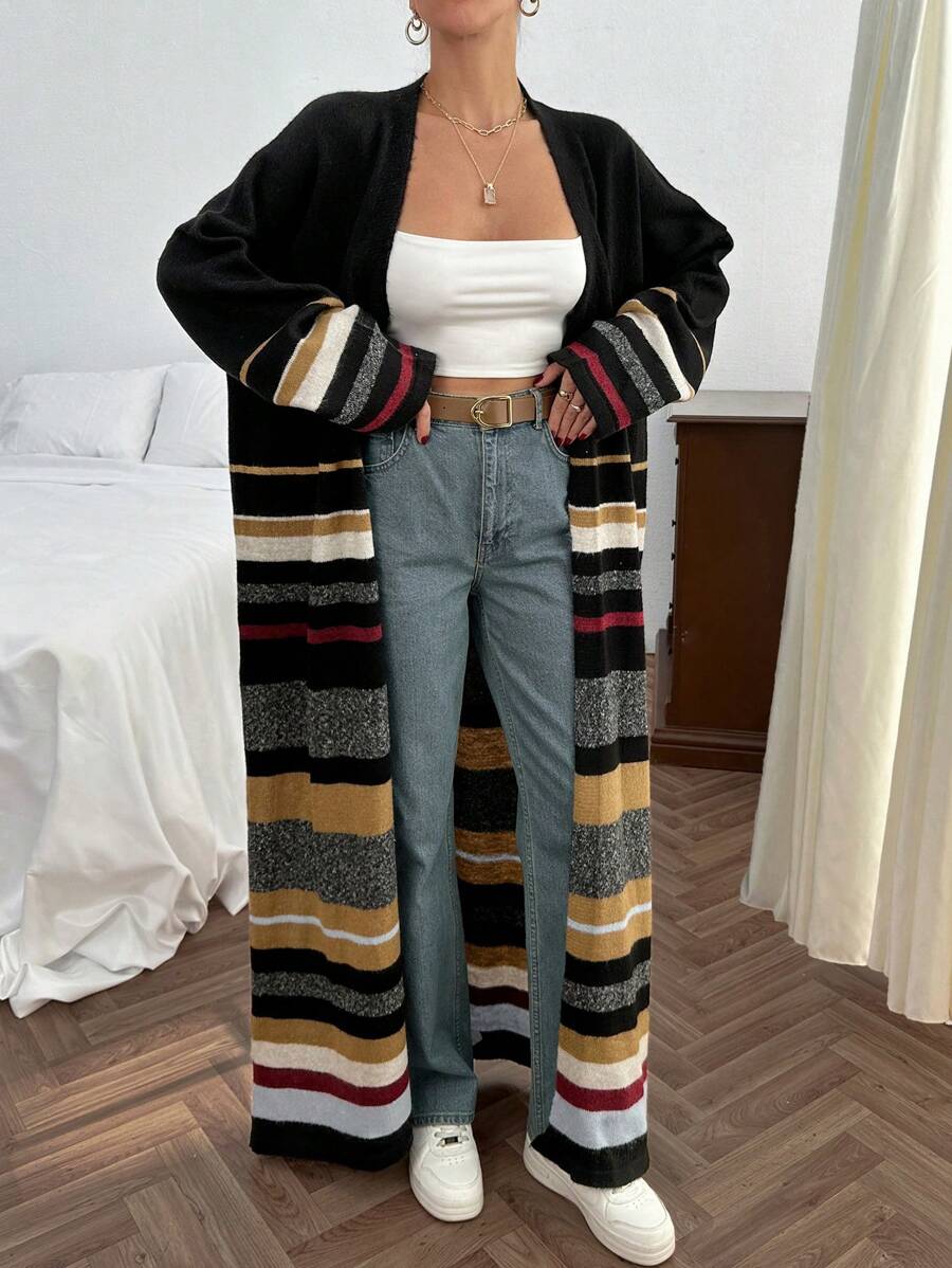 EURMUSE Women Loose Fit Striped Detailed Warm Maxi Long Knit Cardigan - Black - View 1
