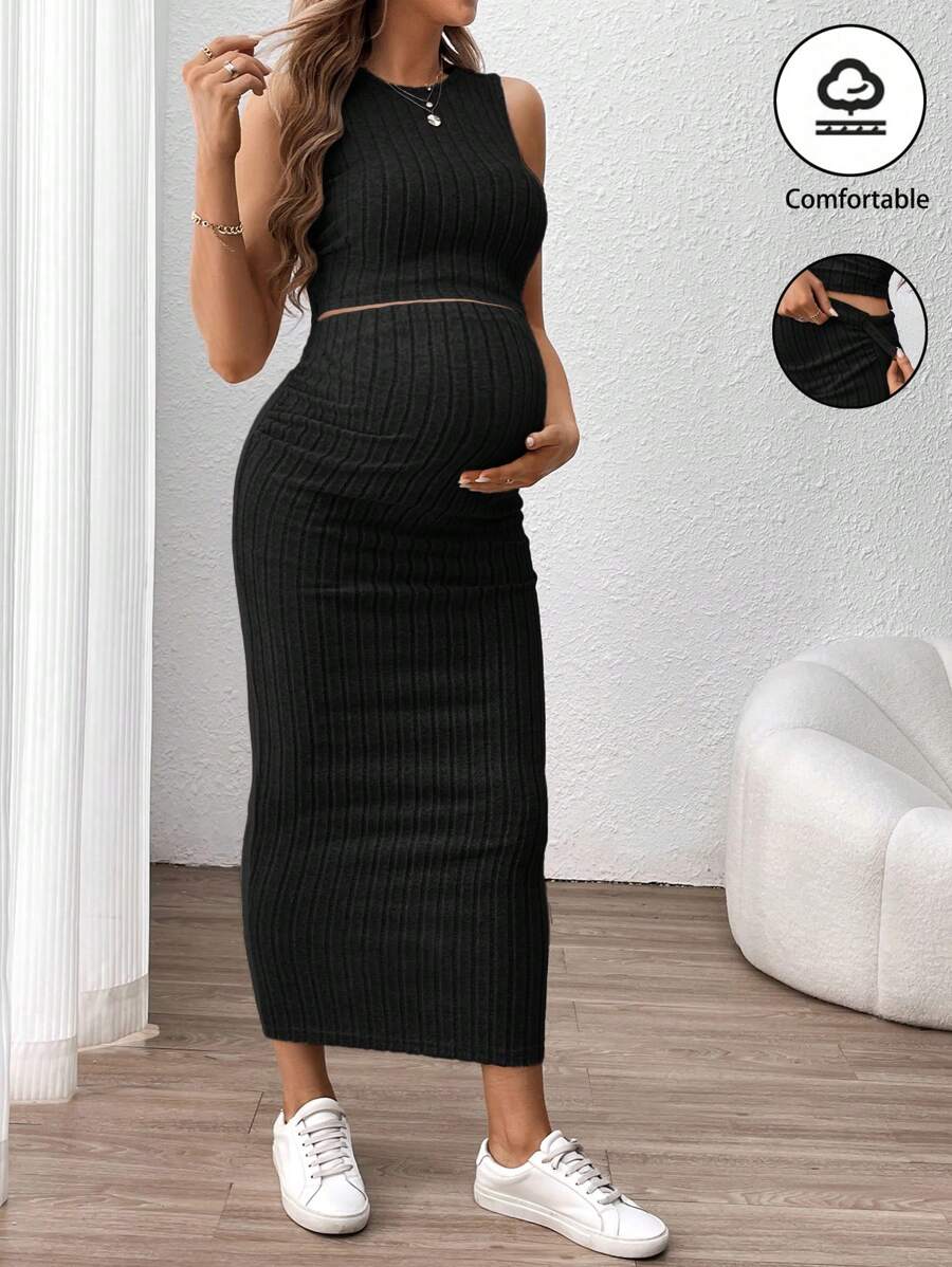 SHEIN 2 Pieces Set: Pregnant Women Plain Ribbed Crew Neck Sleeveless Top And Skirt - Black - View 1