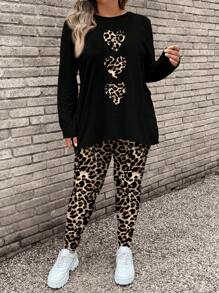 SHEIN LUNE 大码女式心形豹纹长袖 T 恤和豹纹瑜伽裤两件套，适合秋冬季 - 黑色 - 查看 5
