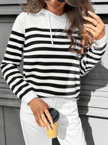 SHEIN LUNE Dames Casual Colorblock Gestreepte Trekkoord Capuchon Trui, Herfst/Winter