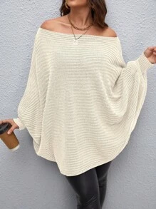 Calvaya Áo len chui đầu màu trơn tay cánh dơi hở vai tối giản cỡ lớn cho nữ - Màu be - Xem 4