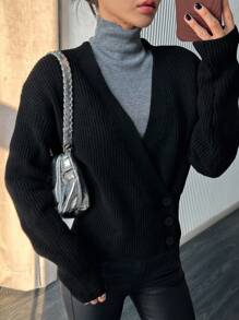 DAZY Design Sense Asymmetric Button V-Neck Knitted Pullover Sweater For Women
