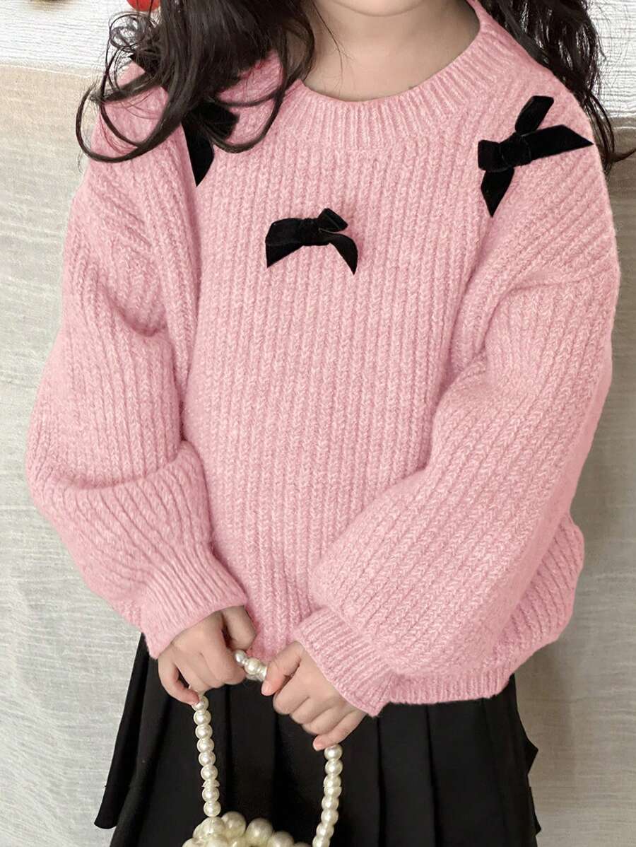 DAZY Young Girl Plain Round Neck Bow Decor Simple Stylish Knit Sweater, Suitable For Spring And Autumn - Pink - View 1