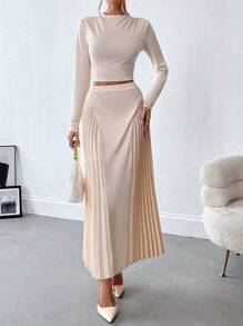 Chiquease 1 pieza Conjunto de top ajustado con cuello de volantes elegante y falda A-line con bajo con volantes para mujer - Albaricoque - Ver 1