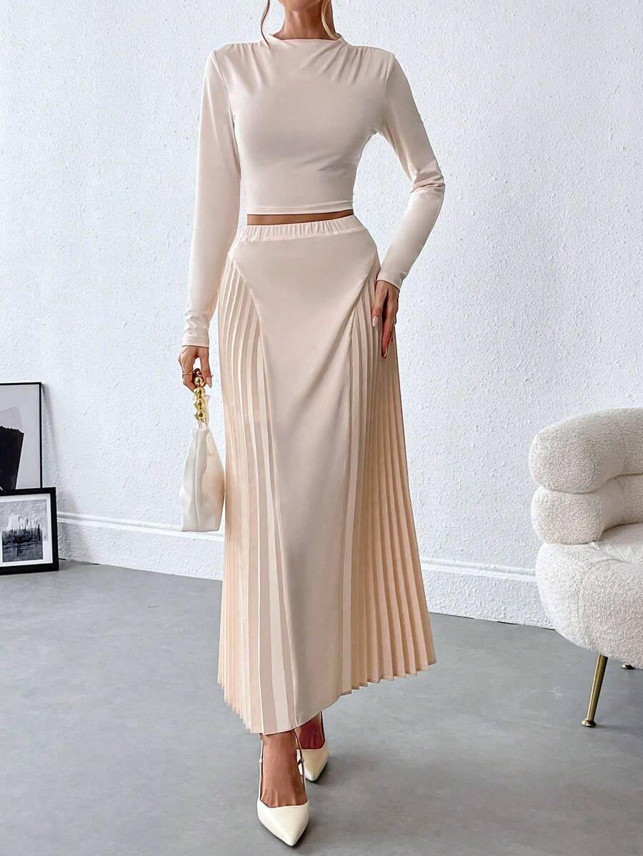 Chiquease 1 pieza Conjunto de top ajustado con cuello de volantes elegante y falda A-line con bajo con volantes para mujer - Albaricoque - Ver 1