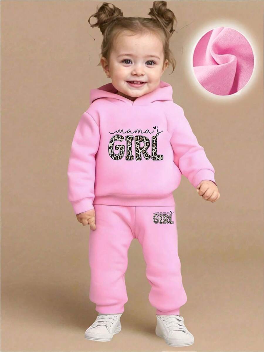 Baby Girl Cute Letter "Mama's Girl" Heart Print Soft Knit Pullover Hoodie And Pants Set, Casual Autumn/Winter - Pink - View 1