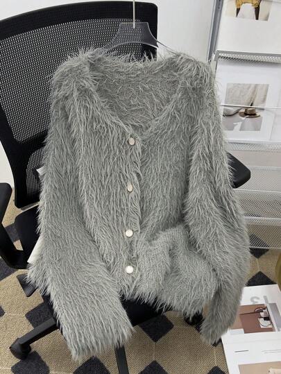 GlowEve CURVE 大码休闲日常毛绒针织前扣开衫，秋冬款