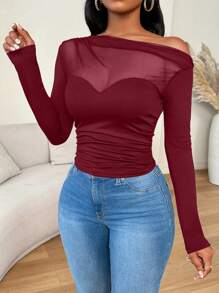 Zolique Women's Autumn Long Sleeve Oblique Shoulder Mesh Spliced Ruched T-Shirt For Spring Fall Cloth For Women - Burgundy - View 6