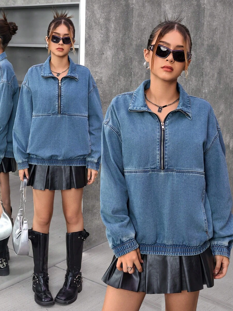 SHEIN Teenage Girls Blue Denim Long Sleeve Top