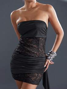 Hauture Winter Women Black Summer Techno Night Club Rave Elegant Strapless Lace Jacquard Jersey Ruched Mini Dress With Sash,For Concerts,Parties,Formal Dress - Black - View 7